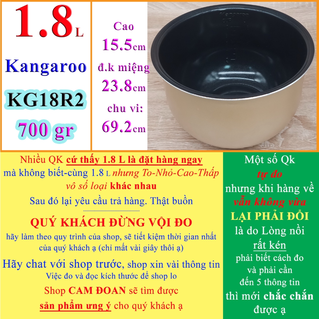 Lòng nồi cơm điện 1.8 L Kangaroo KG378 (chính hãng) mạ đồng diệt khuẩn (chữ Kangaroo dập nổi)