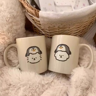  🐧 Cốc sứ tay cầm màu kem hình thú dễ thương - chim cánh cụt chó mèo quà sinh nhật 