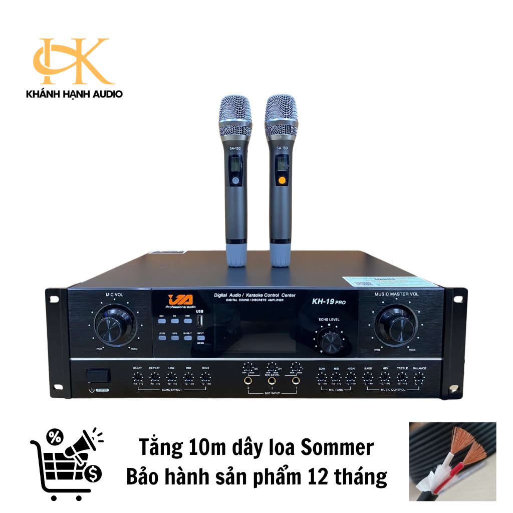 Đẩy liền vang liền mic JA KH-19Pro 1600W, Main công suất KH19 Pro có Chống Hú, Bluetoothc, Optial