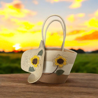 Set túi cói và mũ cói hoa hướng dương đi biển vintage xinh xắn hot trend 2025