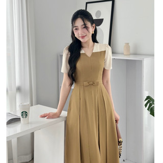 Váy đầm thiết kế U&M cố V phối nơ eo thanh lịch phù hợp đi làm, đi chơi, đi tiệc có bigsize (V-02)