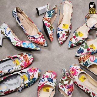 Giày Kirei Biteki - Office 3D búp bê cao gót in hoa Hồng trắng