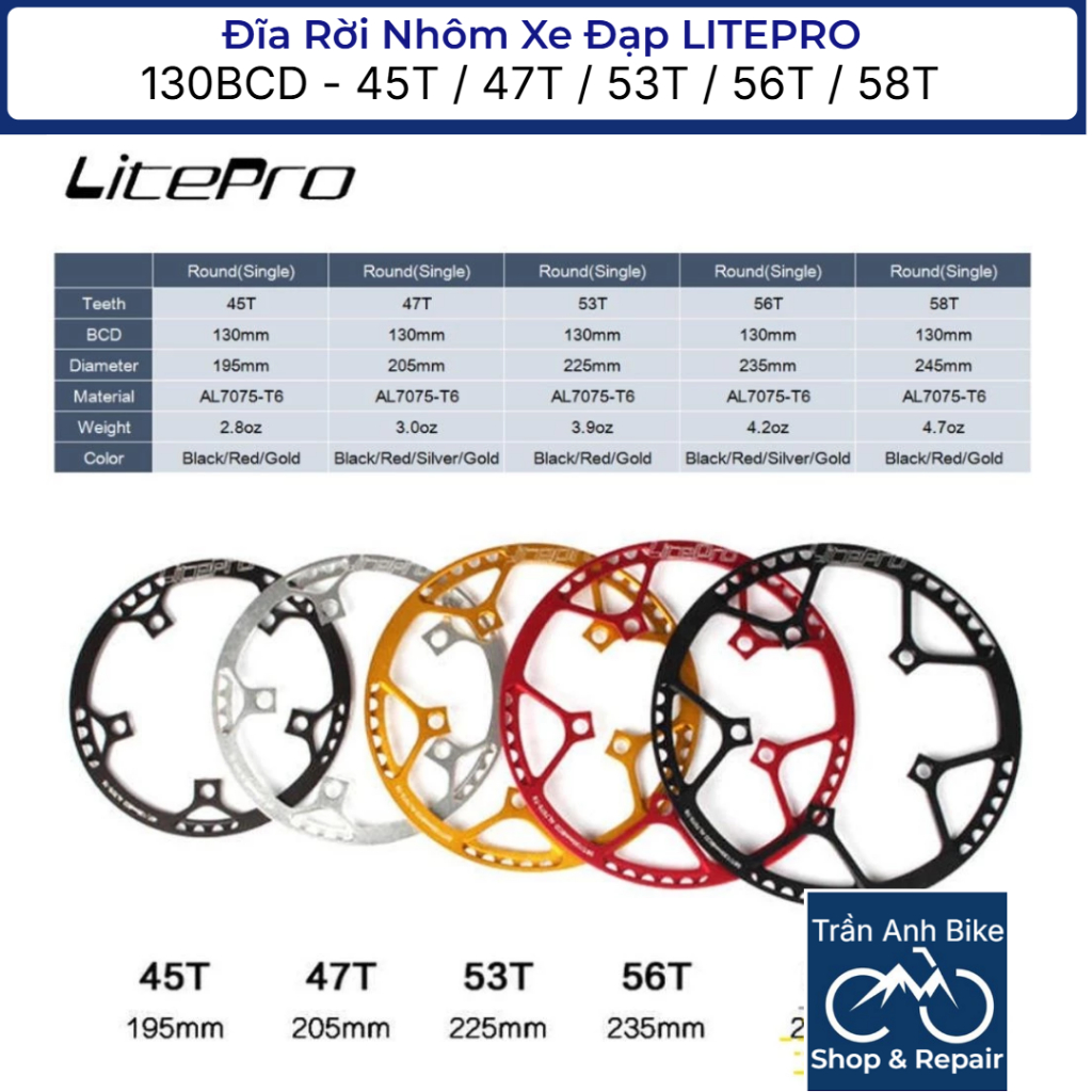 Đĩa Rời Nhôm Xe Đạp LITEPRO 130BCD 45T / 47T / 53T / 56T / 58T