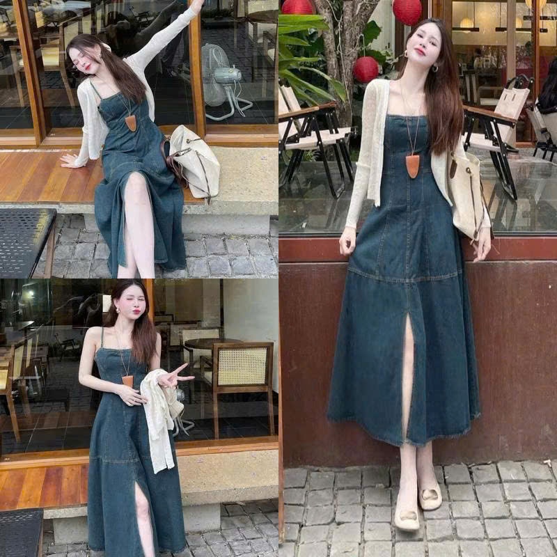 Đầm jean dài - Đầm thời trang nữ thiết kế đầm jean 2 dây dáng dài xẻ tà kèm khoác len ren tay dài ca