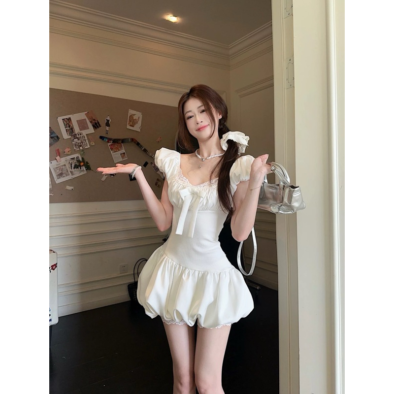 Đầm bí tay phồng phối ren cổ TABISHOP Váy nữ màu trắng ôm eo dạo phố đi chơi mặc hè(115) | BigBuy360 - bigbuy360.vn