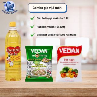    Combo Gia Vị 3 món   Dầu ăn Happi Koki 1 lít- hạt nêm Vedan 400g- Bột ngọt Vedan 400g Hạt trung LM 
