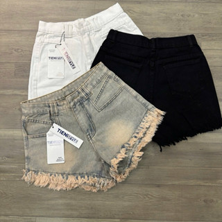  TIENSTYLE - Quần jean short nữ lai tua túi vuông không giãn màu trắng đen vải denim rách lai cá tính 