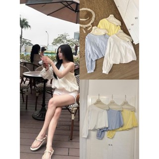 Áo sơ mi lệch vai tay bồng phong cách tiểu thư chất vải cao cấp áo kiểu sang chảnh phong cách Calina  Aolechvai4430