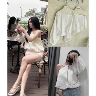 Áo sơ mi nữ lệch vai tay bồng gấu bí 3 màu xanh – vàng – trắng (Size S/M) Aolechvai4430