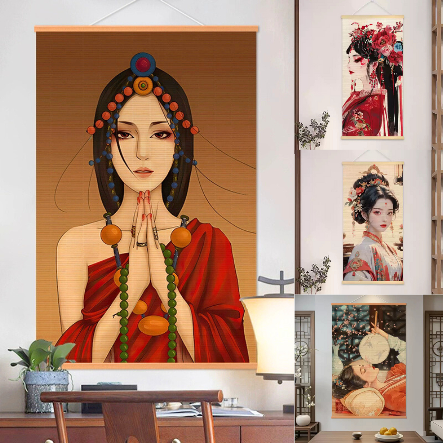  Tranh trúc treo tường hình cô gái niệm phật Mành tre trang trí tết Tranh treo phòng trà Rèm che nắng cửa sổ 60x90cm 
