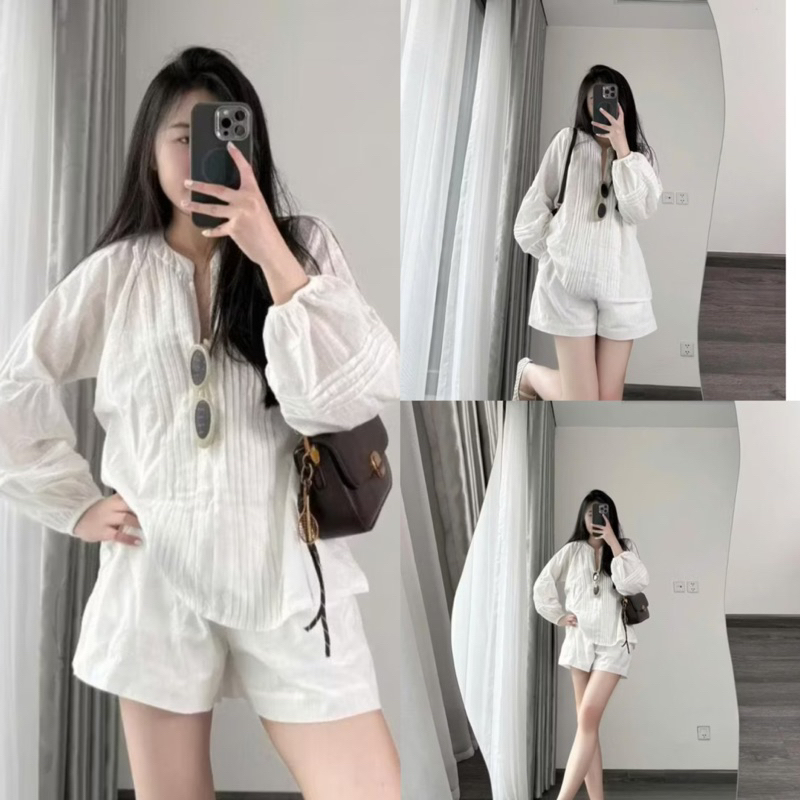 Set Áo Đũi Linen Xếp Li Tay Bồng”RIBI” Mix Quần Sooc Đũi Cạp Chun co giãn-Dành Cho Nữ