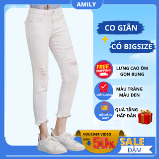 Quần jean nữ đen AMILY màu trắng rách skinny lưng cao co giãn có BIGSIZE