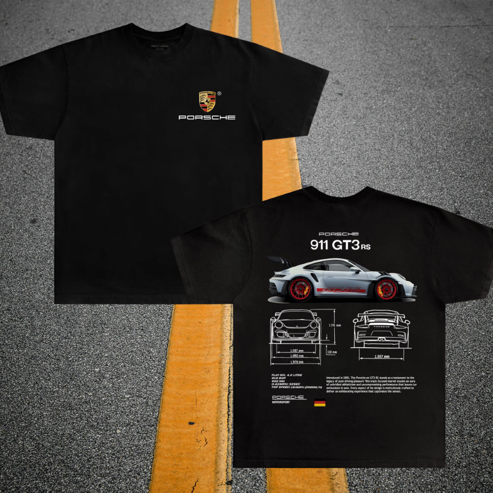 Áo thun Porsche 911 GT3 RS – Thiết kế unisex cho người yêu xe thể thao & đua xe Porsche.