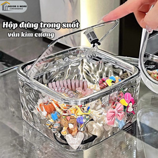 (SẴN) Hộp đựng đồ trong suốt vân kim cương DECOR có nắp bấm, Hộp đựng kẹp tóc đựng phụ kiện đa năng