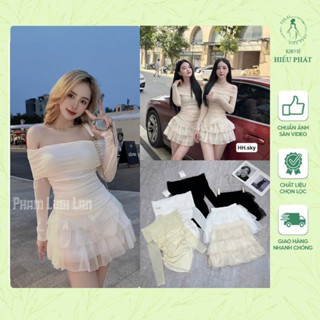 Set áo trễ vai tay dài rúm mix chân váy ngắn phối bèo tầng màu trắng / đen / kem tiểu thư xinh xắn