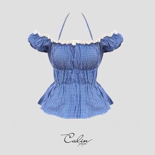 Summer Dream - Áo Babydoll trễ vai tay phồng  họa tiết caro chiết eo dễ thương