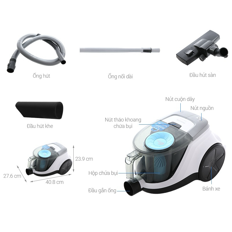 Máy hút bụi dạng hộp Philips XB2023/01 công suất 1800W thiết kế nhỏ gọn, dễ dàng tháo lắp, di chuyển và sử dụng