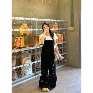 Quần yếm jeans đen ống rộng đính sticker dễ thương năng động Hàn Quốc - JS101