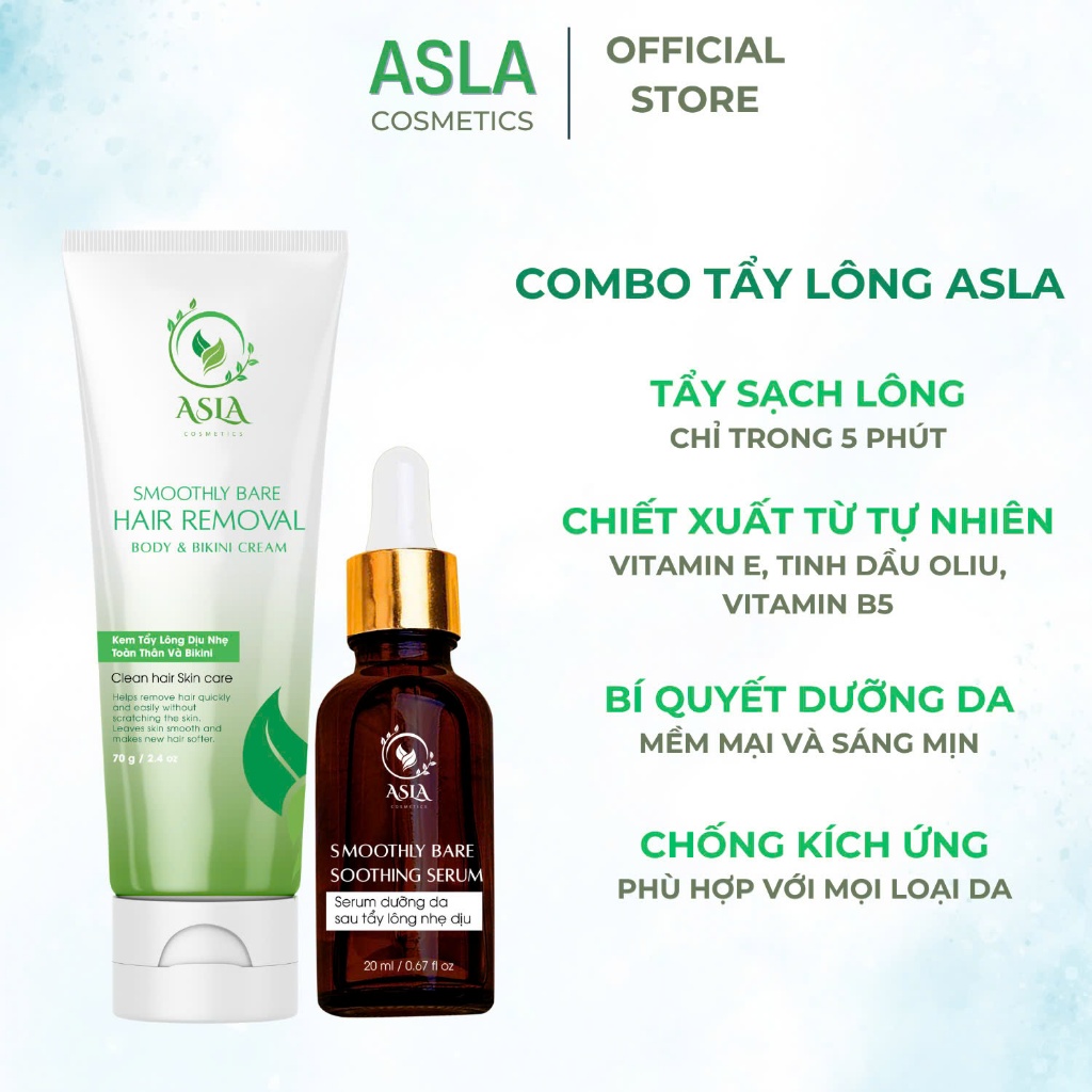Combo Kem Tẩy Lông ASLA Và Serum Dưỡng Triệt Lông Vùng Kín, Bikini, Chân, Tay, Nách 70Gram