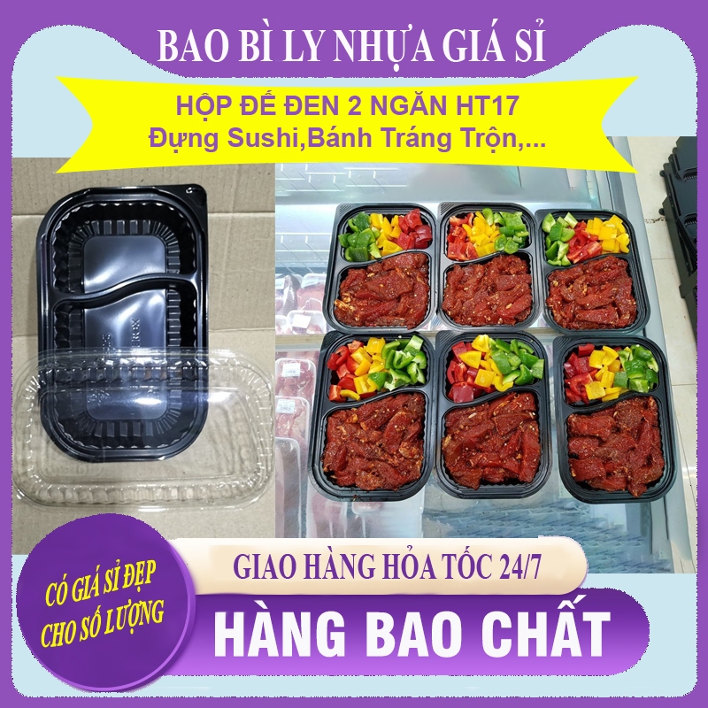 [ 50 hộp ] Hộp nhựa đen 2 ngăn HT17-2 Hộp sushi đế đen