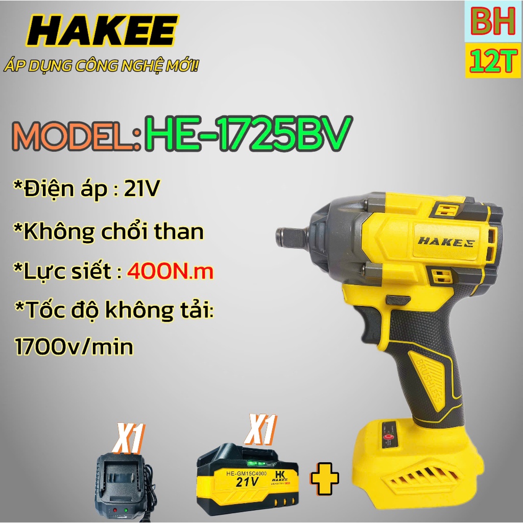 Máy siết bulong pin HAKEE HE-1725BV , Không chổi than 400Nm, 2 Tốc độ