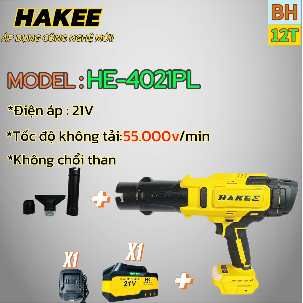 Máy thổi phản lực pin kèm 3 đầu chuyển HAKEE HE- 4021PL,Không chổi than,Tốc độ 55000vòng/phút