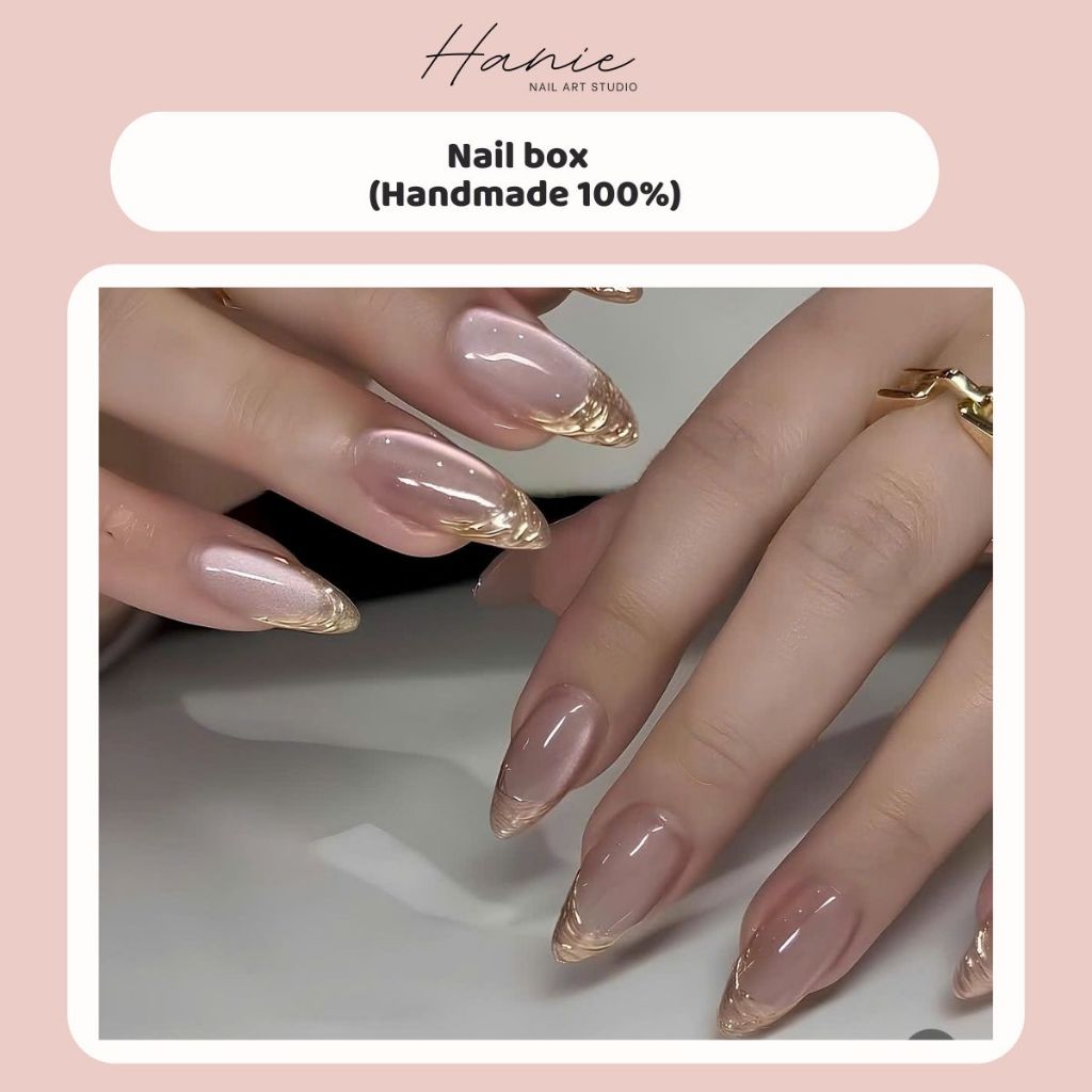 Nail box Mắt Mèo Hồng & Vàng Trà Vẽ Tráng Gương French Handmade - Nailbox thiết kế - TẶNG KÈM QUÀ
