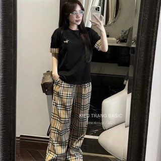 SET BBR ÁO TRẮNG ĐEN CỘC TAY Set Bộ Đồ Nữ Sang Chảnh Cá Tính Năng Động Áo Ngắn Tay Quần Dài Ông Suông size 40-65kg B149