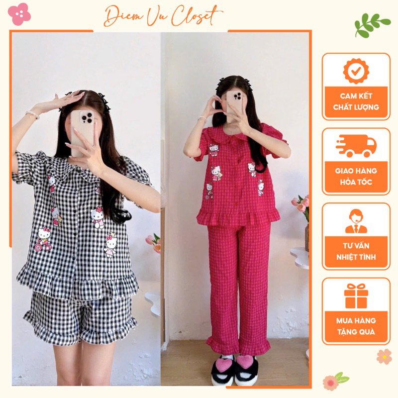 [HÌNH THẬT + VIDEO] Pijama đũi caro cổ sen viền bèo phối kitty/ túi nơ, bộ ngủ mặc nhà cho nữ dáng n