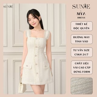  SUNIE® | MYA - Đầm dạ Tweed dáng suông chữ A - phối dây vai tua rua và charm nút ngọc trai cao cấp - Design by Sunie 