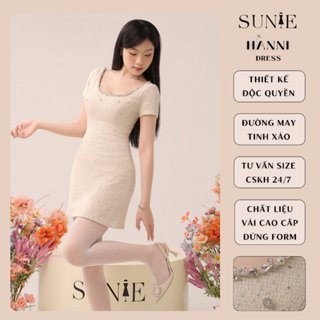 SUNIE® | HANNI - Đầm Tweed cổ vuông tay ngắn dáng suông chữ A - phối charm đá pha lê - Design by Sunie