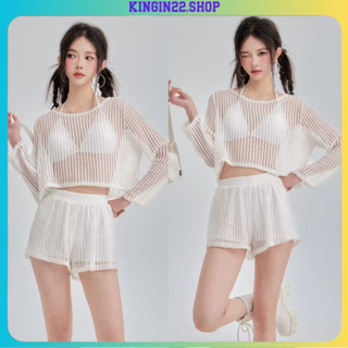 Bikini đi biển - Set bikini 3 món có mút len ren áo tay dài hở eo kiểu dáng sexy quyến rũ xinh xắn đi biển 💃