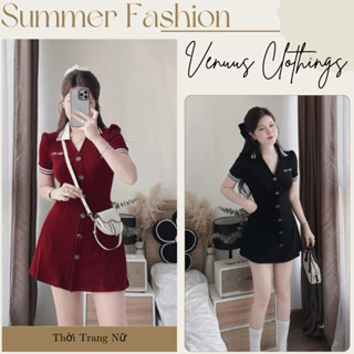 [Tặng túi thơm] Đầm nữ polo cộc tay phối màu viển cổ kẻ sọc ngang, váy nữ liền thân cài khuy trước phong cách hàn quốc