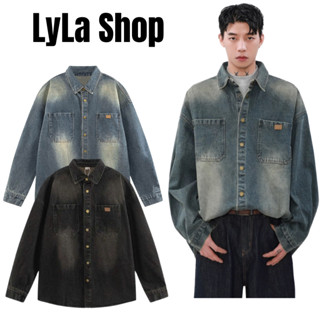  Áo Sơ Mi Denim LyLa Shop hàng may kĩ nam nữ unisex Áo Sơ Mi Jean Dài tay mài loang phối túi hai màu cơ bản  áo xuất Hàn 