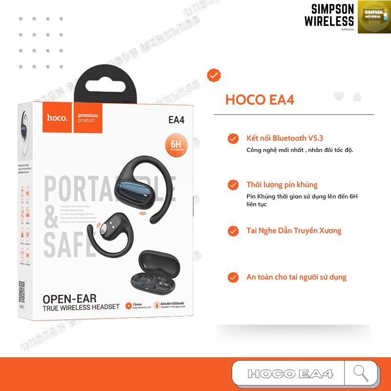 Tai nghe bluetooth Hoco EA4 dòng 2 tai, có đốc sạc, không dây V5.3