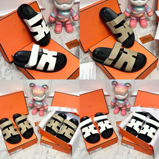  Dép lê nam hai quai ngang Hơ Mẹc da Pu trơn phối quai hình chữ H dập logo chữ viền đế cao su boy phố cực chất 