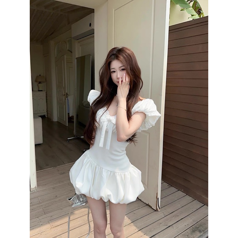 Đầm bí tay phồng phối ren cổ TABISHOP Váy nữ màu trắng ôm eo dạo phố đi chơi mặc hè(115) | BigBuy360 - bigbuy360.vn