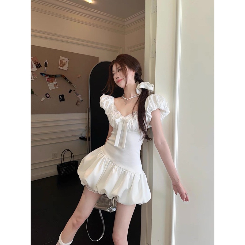 Đầm bí tay phồng phối ren cổ TABISHOP Váy nữ màu trắng ôm eo dạo phố đi chơi mặc hè(115) | BigBuy360 - bigbuy360.vn