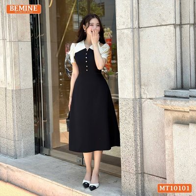 Đầm thiết kế BEMINE cổ V khoét vai đính cúc dáng chữ A phù hợp đi làm-MT10101