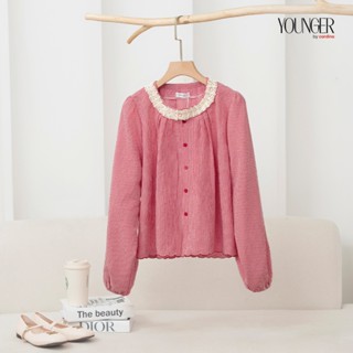 Áo sơ mi nữ YOUNGER BY CARDINA chất thô kẻ caro gấu thêu tay bồng cổ ren 5YASD05