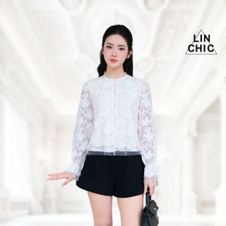  Áo ren nữ thiết kế tay dài bèo tiểu thư áo kiểu ren trắng phối cúc tiểu thư Linchic A-KIE12 