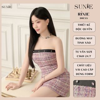  SUNIE® | RIXIE - Đầm ống dạ Tweed dáng suông chữ A - phối charm đá pha lê - Design by Sunie 