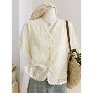  【ẢNH THẬT_Sẵn QC loại đẹp Áo sơ mi kiểu nữ cộc tay hoạ tiết HOA LÁ thiết kế viền ren tiểu thư mùa hè 