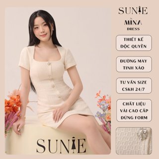 SUNIE® | MINA - Đầm Tweed cổ vuông tay ngắn dáng suông chữ A - phối charm đá pha lê -Design by Sunie