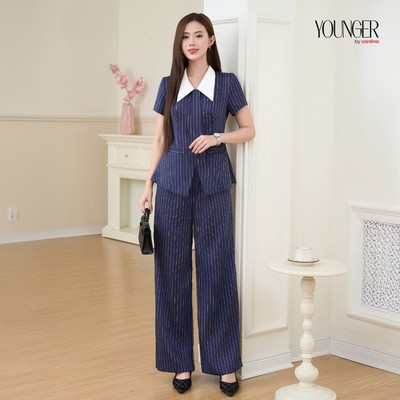 Set đồ nữ tách set YOUNGER BY CARDINA áo kẻ phối cổ cravat kèm quần suông 5YAKC05 5YQDR05