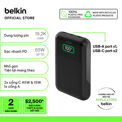 Pin sạc dự phòng Belkin Polymer Pocket Power dung lượng 20,000 mAh, sạc nhanh 65w chuẩn PD 3 cổng màn hình hiển thị pin