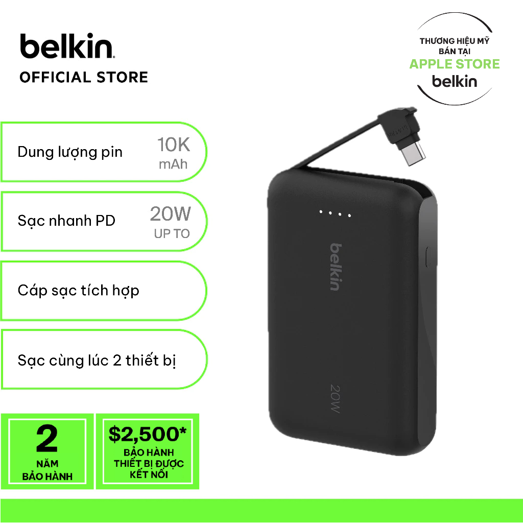 Pin sạc dự phòng Belkin Boost Charge dung lượng 10.000 mAh, sạc nhanh 20W PD kèm cáp USB-C bảo hành 2 năm