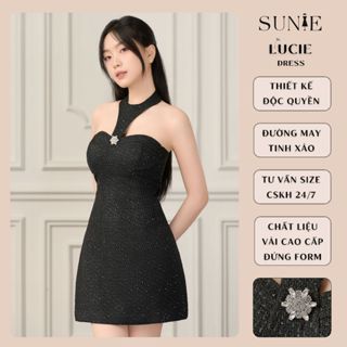 SUNIE® | LUCIE - Đầm cổ yếm dạ Tweed dáng suông chữ A cúp ngực - phối charm đá pha lê - Design by Sunie