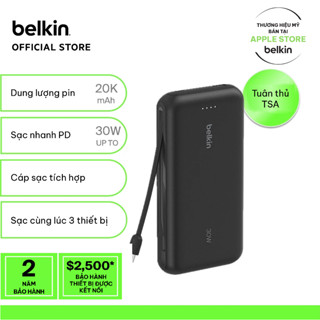 Pin sạc dự phòng Belkin Boost Charge 20.000 mAh, hỗ trợ sạc nhanh 30W PD, có dây sạc đầu USB-C