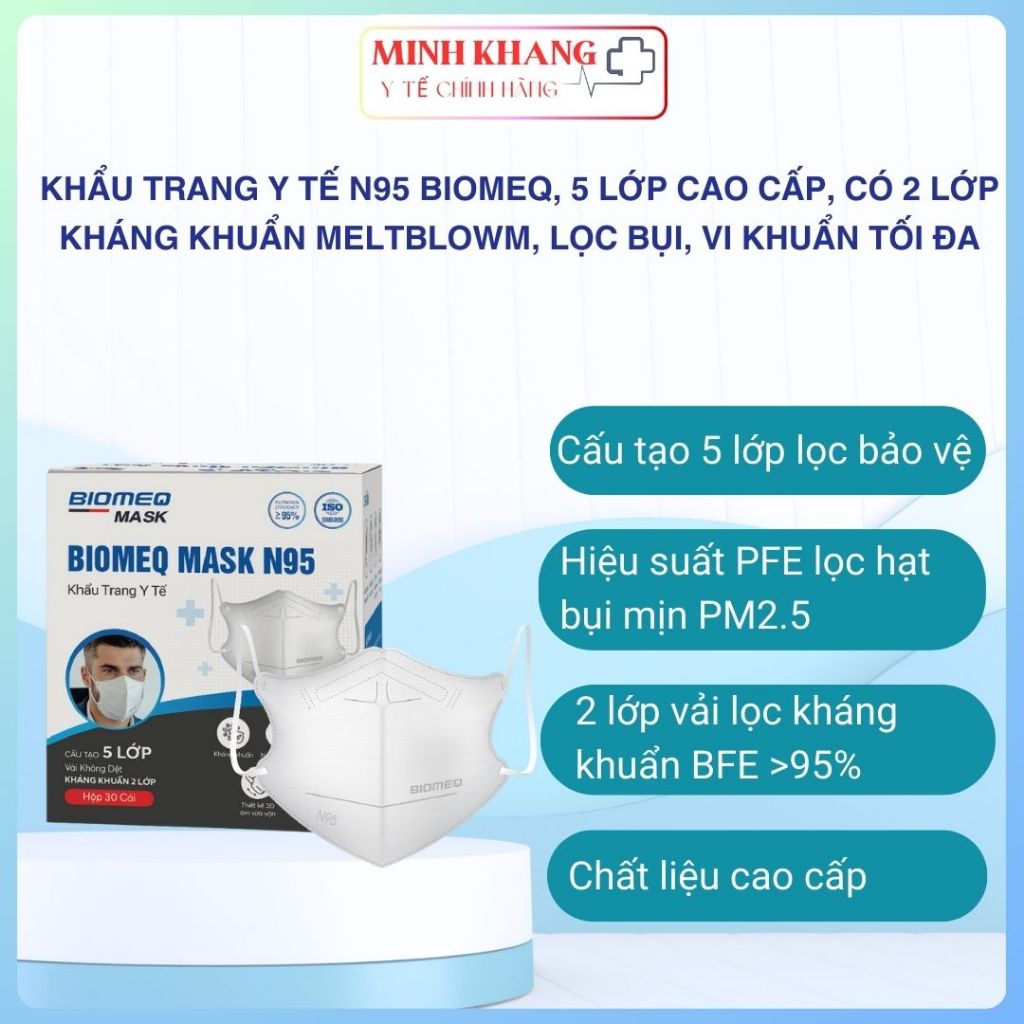 Khẩu Trang Y Tế N95 Biomeq, 5 Lớp Cao Cấp, Có 2 Lớp Kháng Khuẩn Meltblowm, Lọc Bụi, Vi Khuẩn Tối Đa